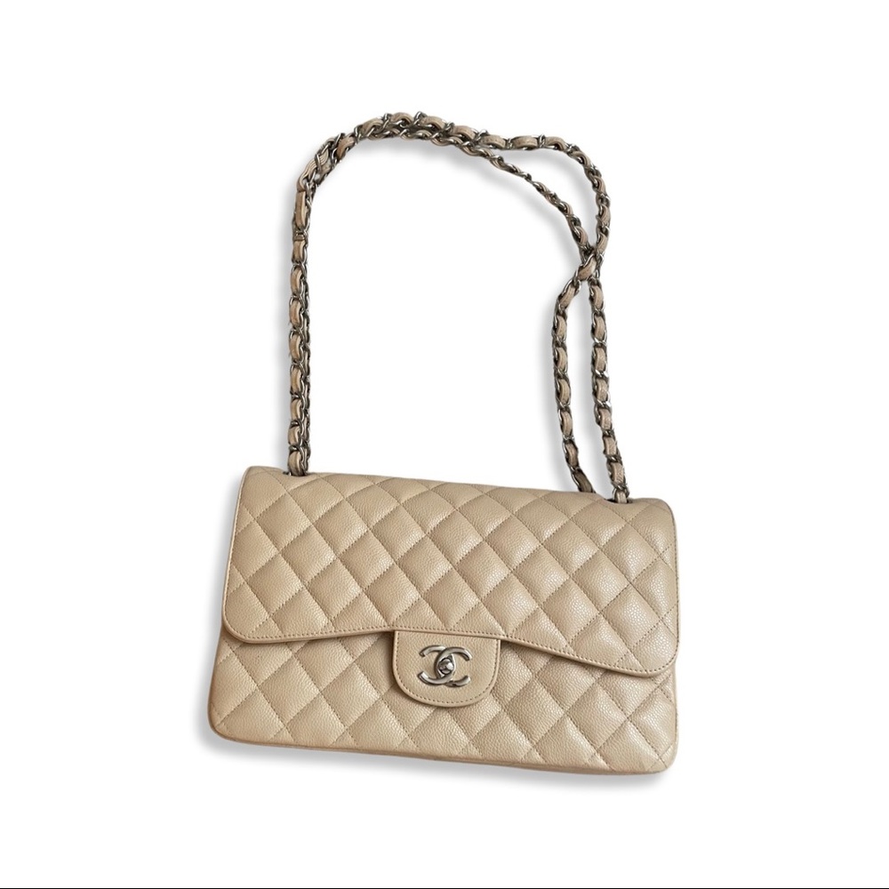 CHANEL Large (Jumbo) Classic Handbag (Beige Caviar Leather with Silver Hardware)